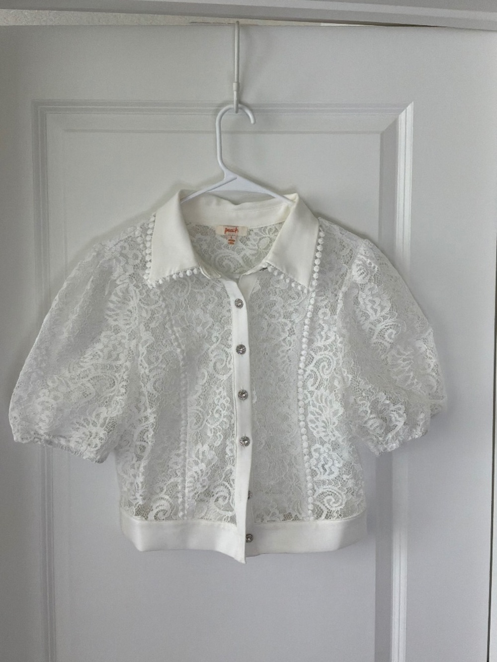 Peach White Lace Sheer Button Front Blouse Size L